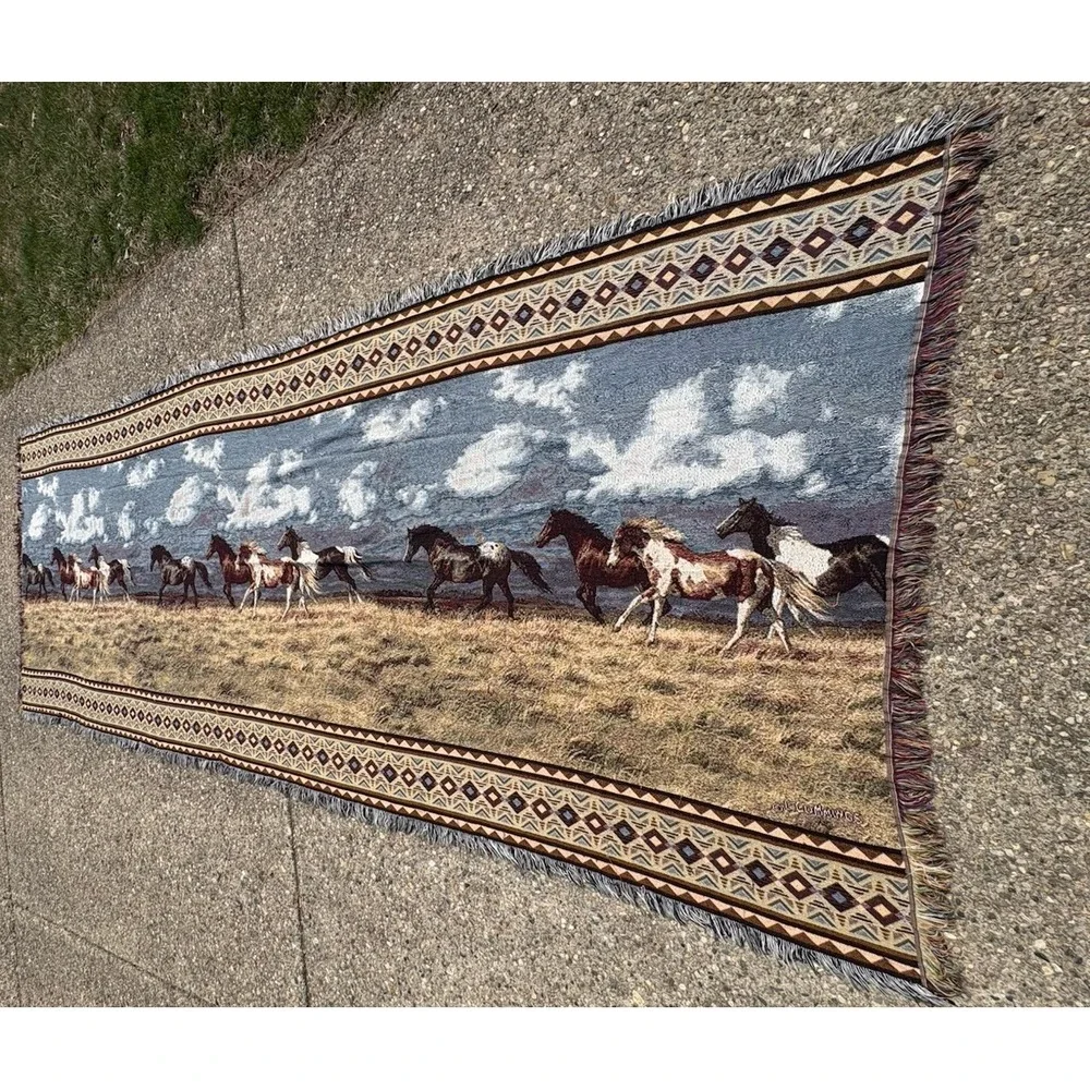 Vintage 90s C. Cummings Horses Fringe Throw Tapestry Blanket 13 FEET X 64 Inches